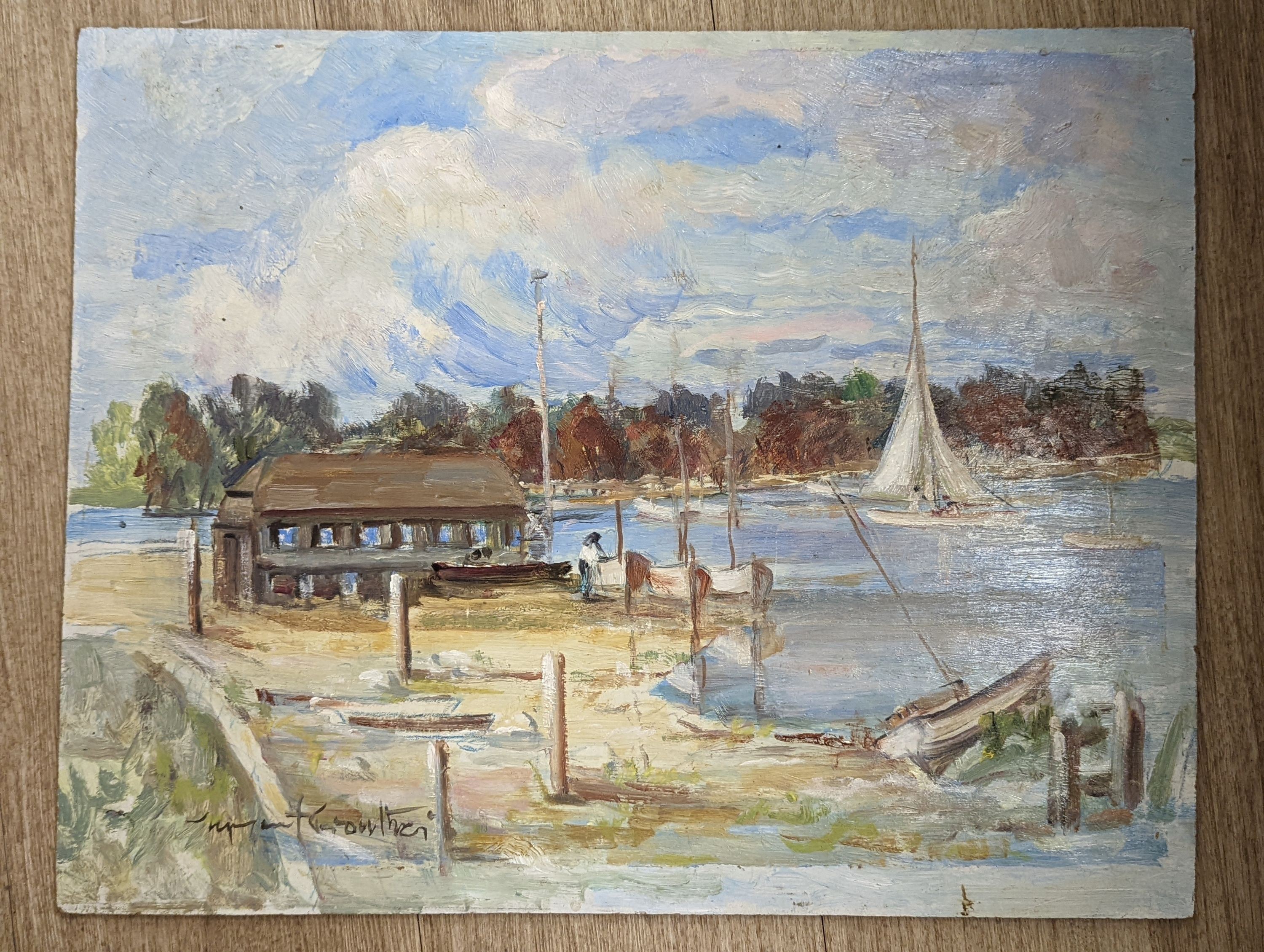 Stephen Crowther (1922-), oil on board, Yachts in harbour, signed, 40 x 51cm, unframed